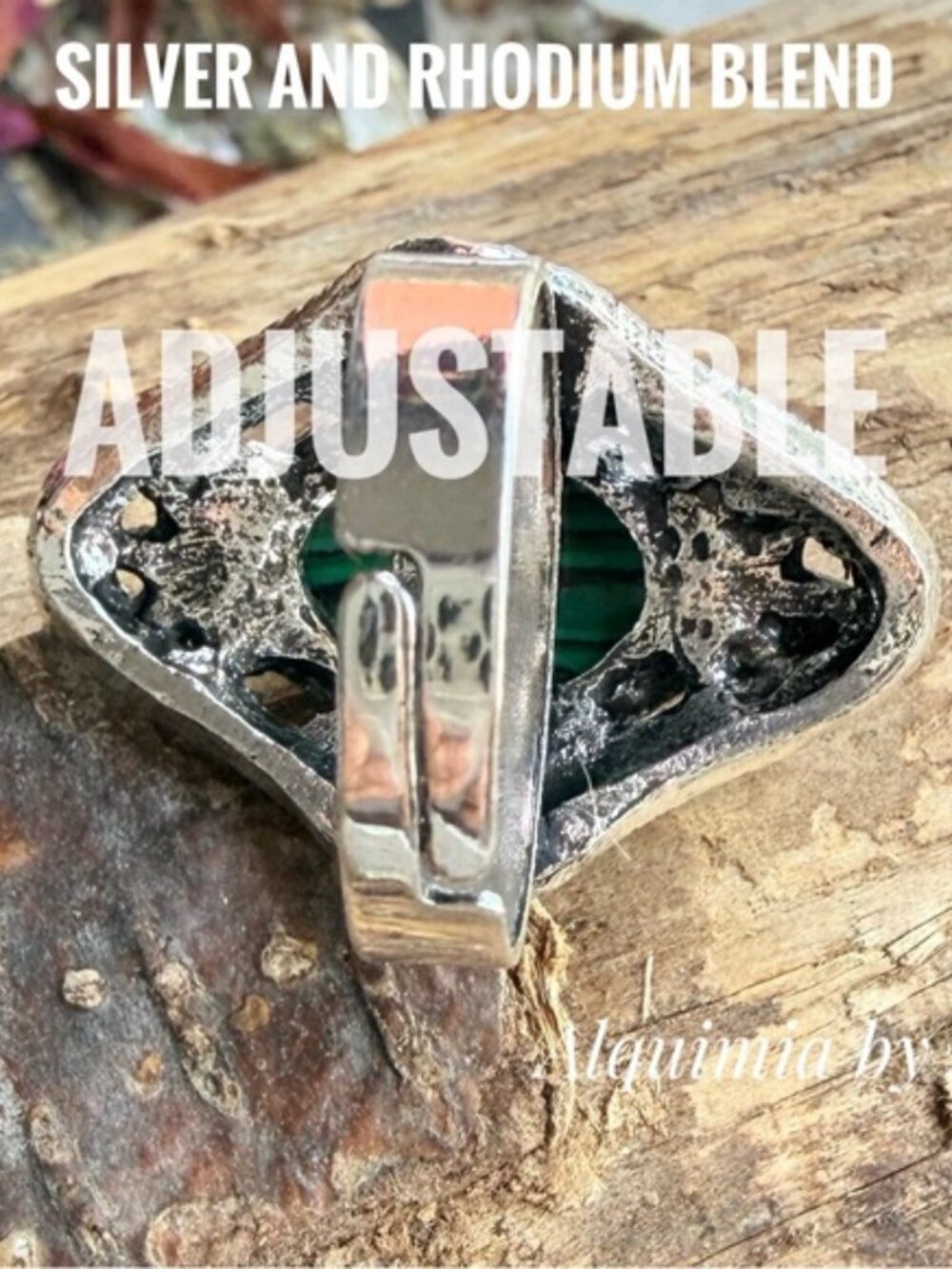 Adjustable Silver and Rhodium Blend Ring with Green MALACHITE